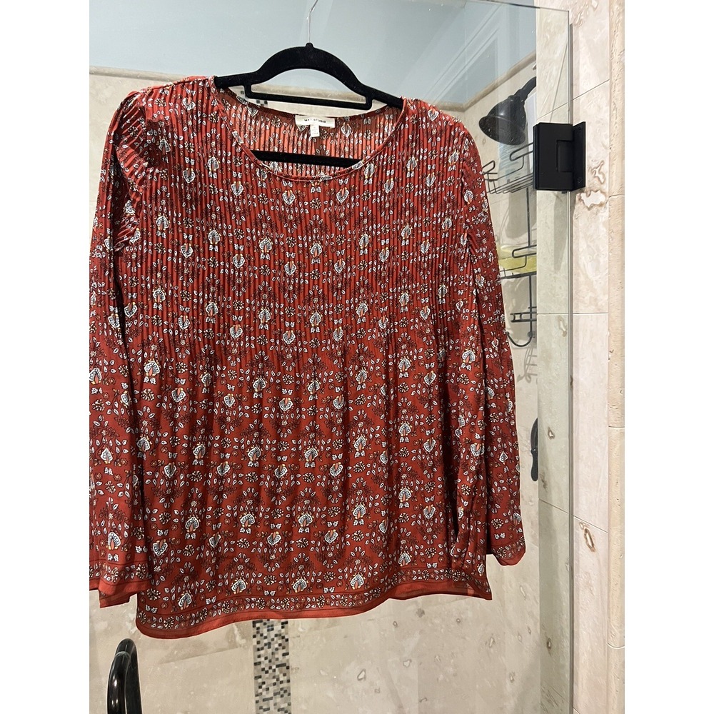 Max Studio Fall Floral Print Bell Sleeve Blouse Orange Brown Small 9708D33